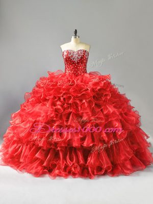 Ball Gowns Quinceanera Dresses Red Sweetheart Organza Sleeveless Floor Length Lace Up