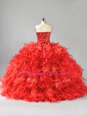 Ball Gowns Quinceanera Dresses Red Sweetheart Organza Sleeveless Floor Length Lace Up