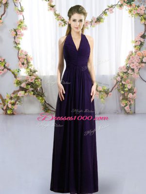 Floor Length Dark Purple Wedding Guest Dresses Chiffon Sleeveless Ruching