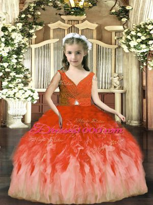 Tulle Sleeveless Floor Length Juniors Party Dress and Beading and Ruffles