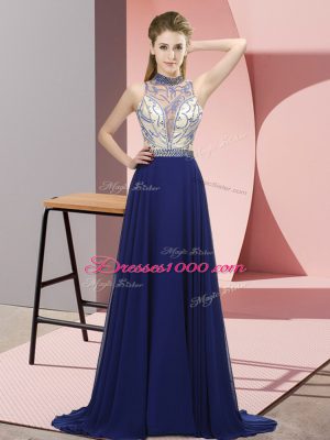 Royal Blue Celeb Inspired Gowns Chiffon Brush Train Sleeveless Beading