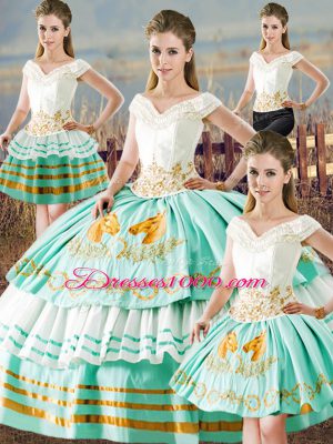 Apple Green Ball Gowns V-neck Sleeveless Satin Floor Length Lace Up Embroidery and Ruffled Layers 15th Birthday Dress