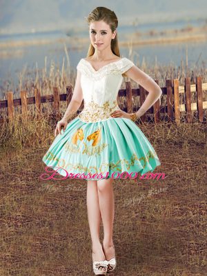 Apple Green Ball Gowns V-neck Sleeveless Satin Floor Length Lace Up Embroidery and Ruffled Layers 15th Birthday Dress