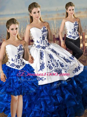 Elegant Sleeveless Satin and Organza Floor Length Lace Up 15th Birthday Dress in Blue And White with Embroidery and Ruffles