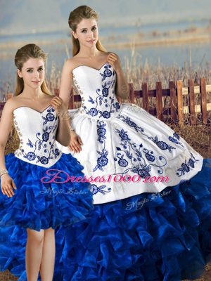 Elegant Sleeveless Satin and Organza Floor Length Lace Up 15th Birthday Dress in Blue And White with Embroidery and Ruffles