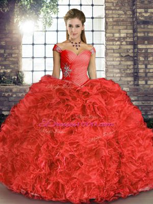 Extravagant Coral Red Sleeveless Floor Length Beading and Ruffles Lace Up Sweet 16 Quinceanera Dress