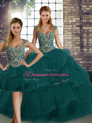 Floor Length Peacock Green 15 Quinceanera Dress Straps Sleeveless Lace Up