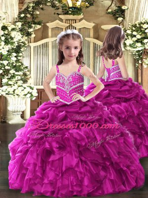 Sleeveless Floor Length Beading and Ruffles Lace Up Quinceanera Dress with Fuchsia