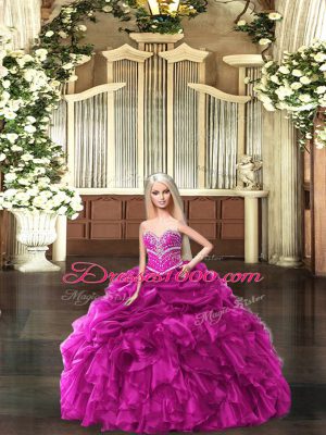 Sleeveless Floor Length Beading and Ruffles Lace Up Quinceanera Dress with Fuchsia