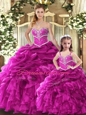 Sleeveless Floor Length Beading and Ruffles Lace Up Quinceanera Dress with Fuchsia