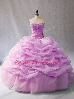Modern Lilac Organza Lace Up Sweetheart Sleeveless Floor Length Quinceanera Dress Pick Ups