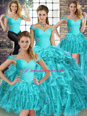 Simple Off The Shoulder Sleeveless Organza 15th Birthday Dress Beading and Ruffles Brush Train Lace Up