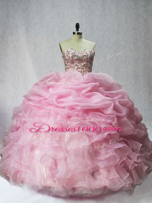 Baby Pink Organza Lace Up Sweet 16 Dress Sleeveless Floor Length Beading and Ruffles and Pick Ups