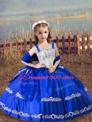 Eye-catching Floor Length Royal Blue Party Dress Satin Sleeveless Beading and Embroidery