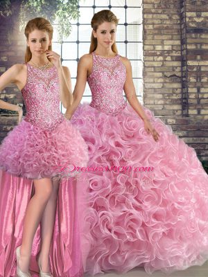 Sumptuous Rose Pink Three Pieces Scoop Sleeveless Fabric With Rolling Flowers Floor Length Lace Up Beading Quince Ball Gowns