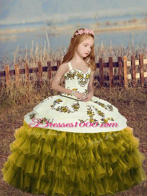 Beauteous Floor Length Olive Green Pageant Dress for Teens Organza Sleeveless Embroidery and Ruffles