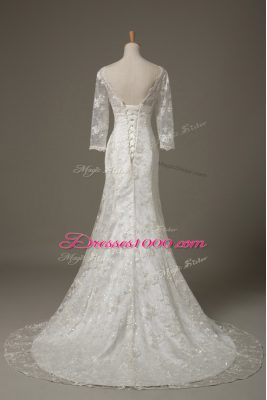 White Lace Lace Up Bridal Gown 3 4 Length Sleeve Brush Train Lace and Hand Made Flower