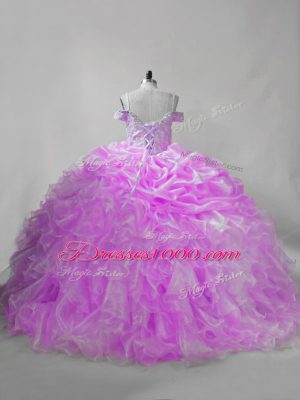 Discount Lilac Sleeveless Brush Train Beading and Ruffles and Pick Ups Quince Ball Gowns