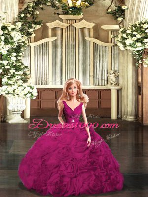 Fuchsia V-neck Neckline Beading Quinceanera Dresses Sleeveless Backless