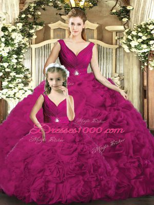 Fuchsia V-neck Neckline Beading Quinceanera Dresses Sleeveless Backless