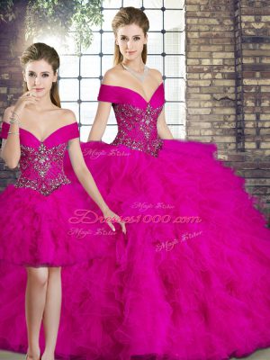 Eye-catching Fuchsia Sleeveless Beading and Ruffles Floor Length Quinceanera Gown