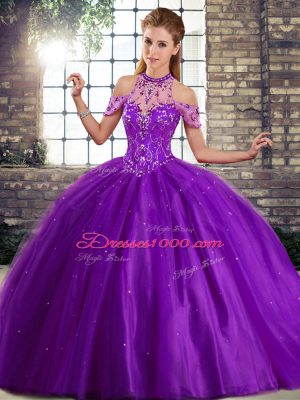 Purple Ball Gowns Beading Sweet 16 Quinceanera Dress Lace Up Tulle Sleeveless