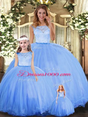 Decent Sleeveless Floor Length Lace Clasp Handle Sweet 16 Dress with Blue
