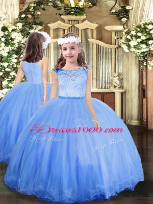 Decent Sleeveless Floor Length Lace Clasp Handle Sweet 16 Dress with Blue