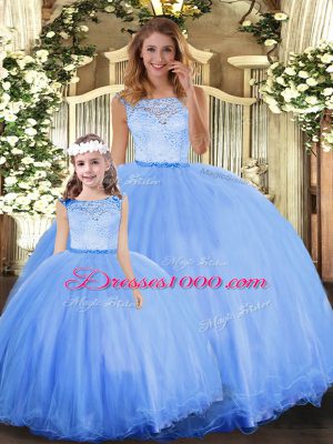 Decent Sleeveless Floor Length Lace Clasp Handle Sweet 16 Dress with Blue