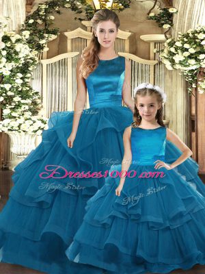 Customized Ruffles Quinceanera Dress Teal Lace Up Sleeveless Floor Length