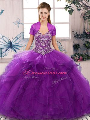 Fabulous Purple Ball Gowns Off The Shoulder Sleeveless Tulle Floor Length Lace Up Beading and Ruffles Quinceanera Gowns