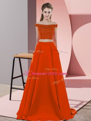 Rust Red Off The Shoulder Neckline Beading Prom Party Dress Sleeveless Backless