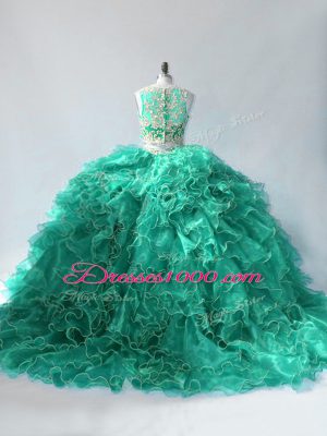 Zipper Quinceanera Gown Turquoise for Sweet 16 and Quinceanera with Beading and Ruffles Brush Train