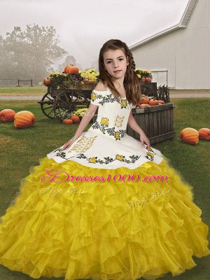 Sleeveless Floor Length Embroidery and Ruffles Lace Up Pageant Dress for Girls with Gold