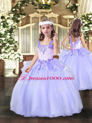 Low Price Lavender Ball Gowns Straps Sleeveless Organza Floor Length Lace Up Beading Evening Gowns