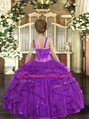 Fuchsia Ball Gowns Beading and Ruffles Kids Formal Wear Lace Up Tulle Sleeveless Floor Length