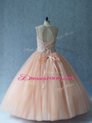 Classical Peach Lace Up Scoop Beading Vestidos de Quinceanera Tulle Sleeveless