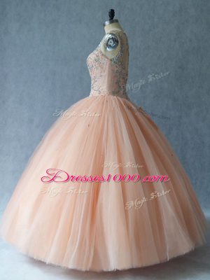 Classical Peach Lace Up Scoop Beading Vestidos de Quinceanera Tulle Sleeveless