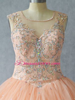 Classical Peach Lace Up Scoop Beading Vestidos de Quinceanera Tulle Sleeveless