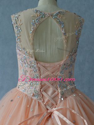 Classical Peach Lace Up Scoop Beading Vestidos de Quinceanera Tulle Sleeveless