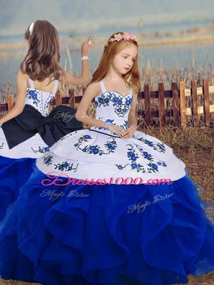 Royal Blue Lace Up Little Girl Pageant Gowns Sleeveless Floor Length Embroidery and Ruffles