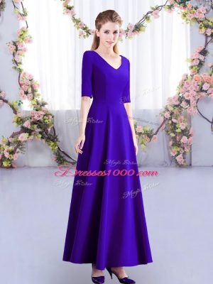 Most Popular Ruching Bridesmaid Dresses Purple Zipper Half Sleeves Ankle Length