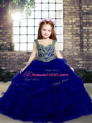 Royal Blue Lace Up Girls Pageant Dresses Beading and Ruffles Sleeveless Floor Length