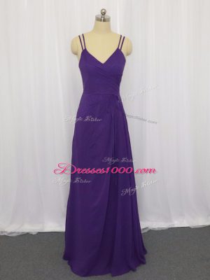 Purple Chiffon Zipper Prom Party Dress Sleeveless Floor Length Ruching