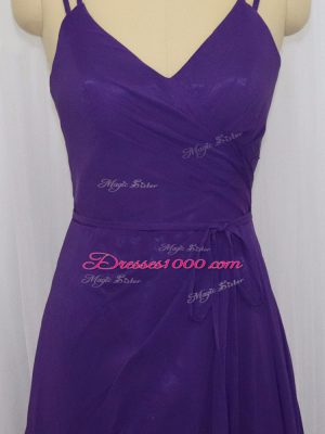 Purple Chiffon Zipper Prom Party Dress Sleeveless Floor Length Ruching