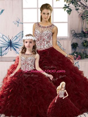 Colorful Burgundy Sleeveless Organza Lace Up Quince Ball Gowns for Military Ball and Sweet 16 and Quinceanera
