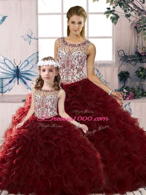 Colorful Burgundy Sleeveless Organza Lace Up Quince Ball Gowns for Military Ball and Sweet 16 and Quinceanera