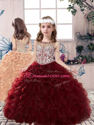 Colorful Burgundy Sleeveless Organza Lace Up Quince Ball Gowns for Military Ball and Sweet 16 and Quinceanera