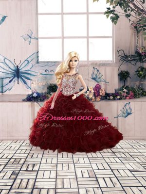 Colorful Burgundy Sleeveless Organza Lace Up Quince Ball Gowns for Military Ball and Sweet 16 and Quinceanera