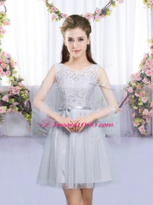 Grey Empire Tulle Scoop Sleeveless Lace and Belt Mini Length Lace Up Damas Dress